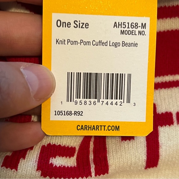 Carhartt Knit Pom Pom Cuffed Beanie Hat red and white striped Christmas NWT - Picture 8 of 10